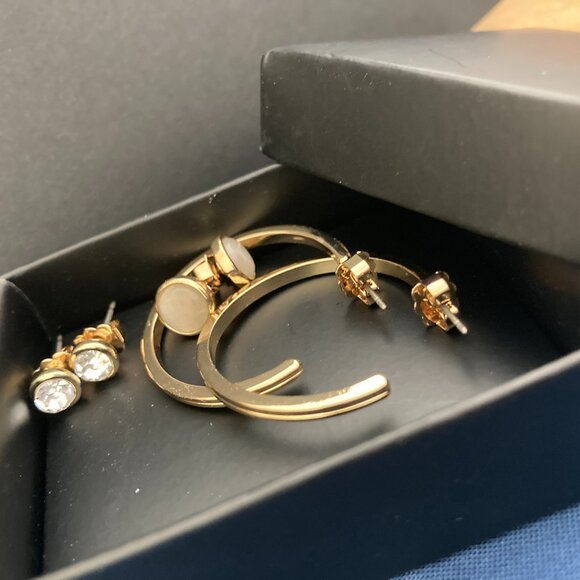 Avon Jewelry, 3 Pair Goldtone Hoops & 2 Studs (rhinestone/pearl) Earring Set E-4 - Picture 8 of 8